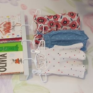 Four piece baby bundle- romper, dress, and top with bloomers